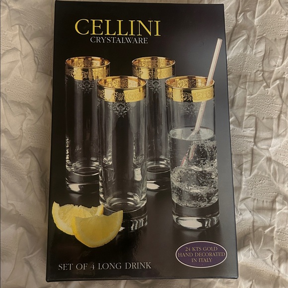 Cellini Other - Cellini 24K Gold Rim and Etched Tall Highball Glass Set - (Set of 4)